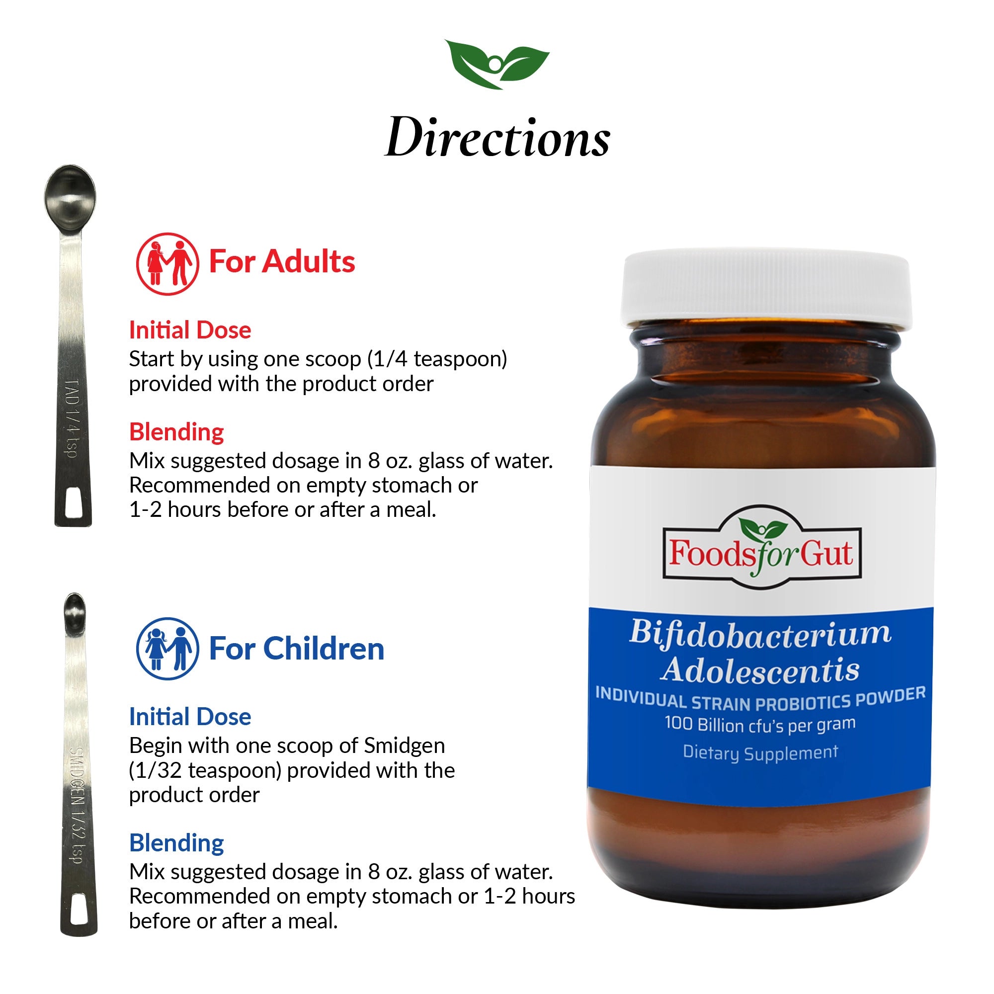 Directions listed for use of bottle B. Adolescentis Powder