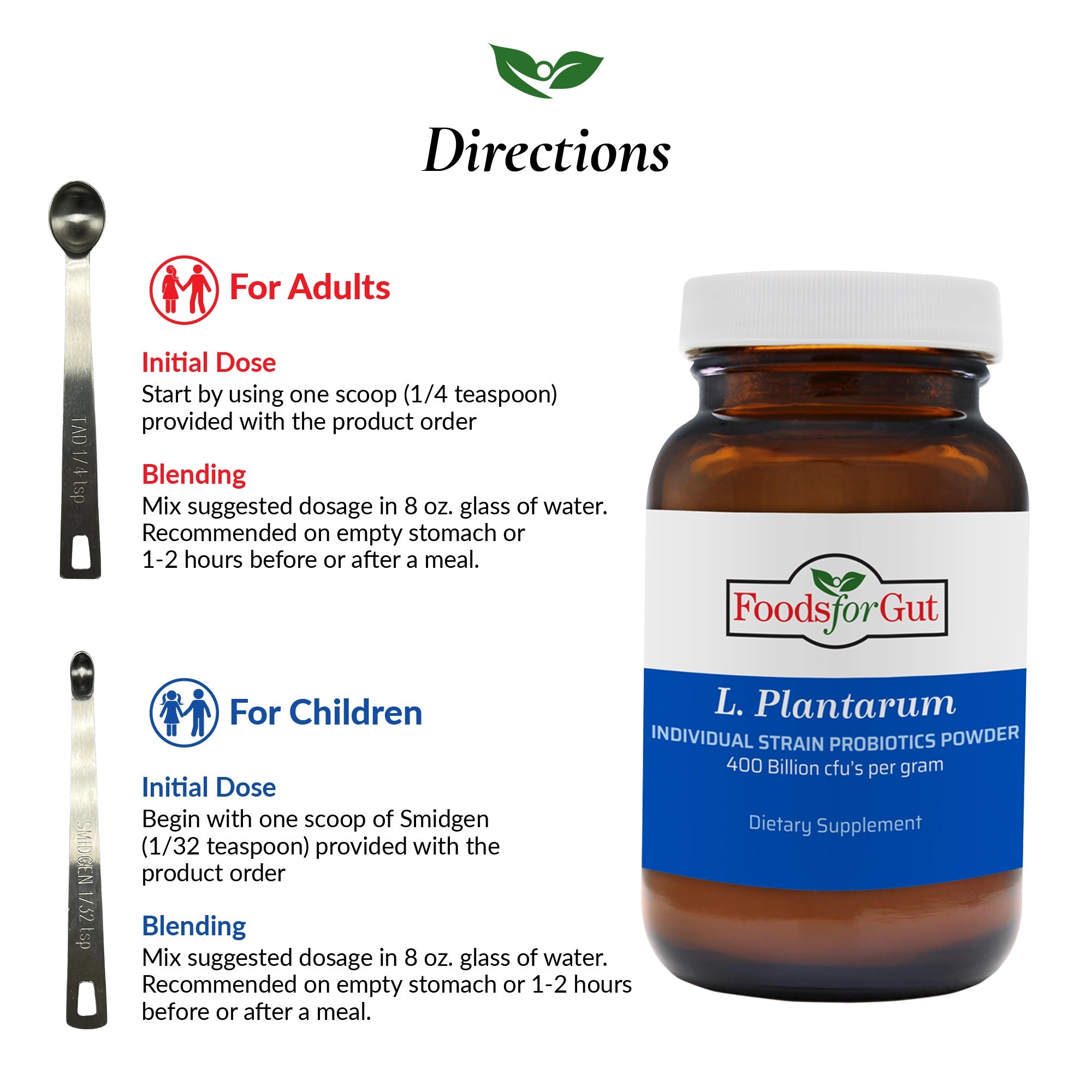 Directions listed for use of bottle L. Plantarum Powder