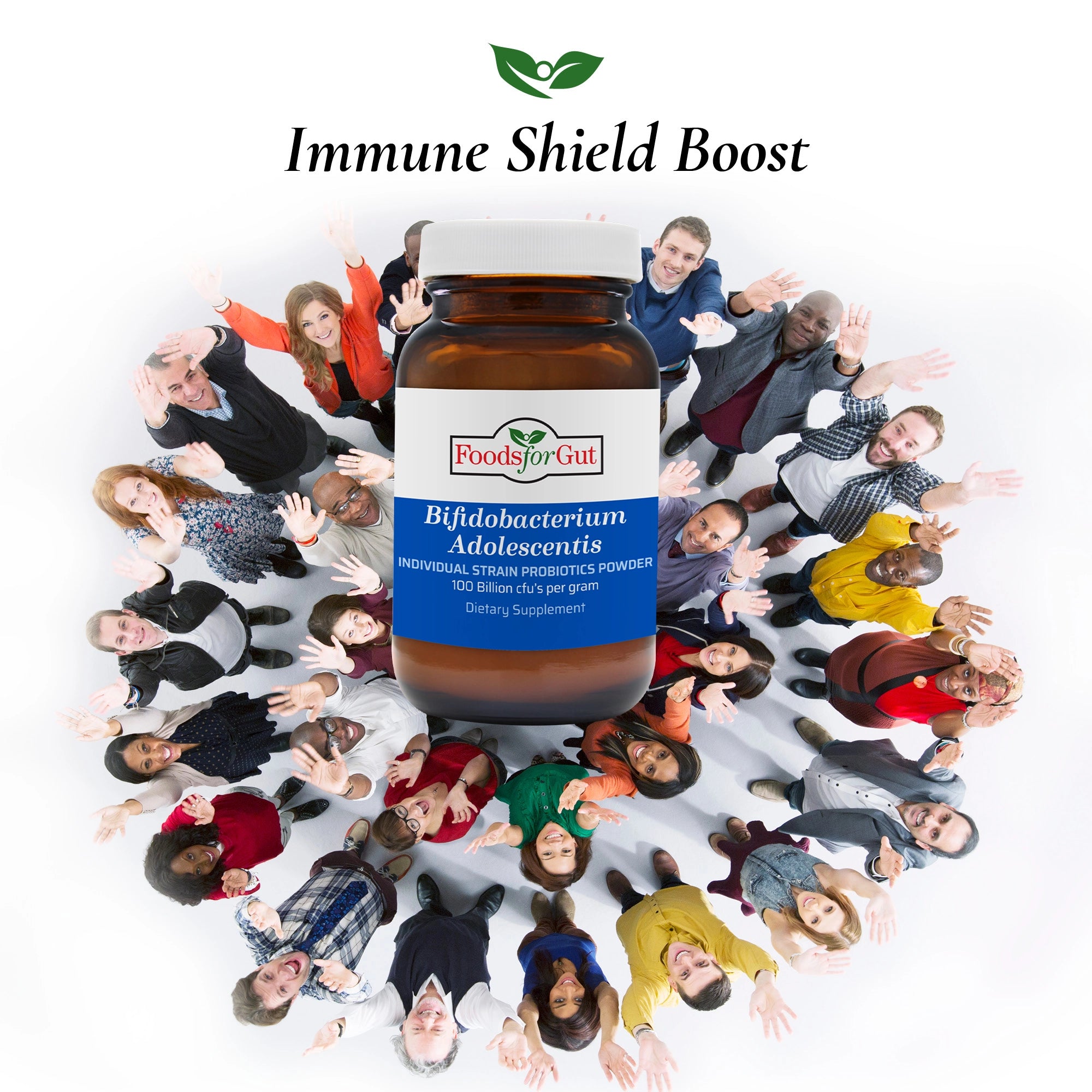 Immune Shield Boost Listed for a bottle of B. Adolescentis Powder with diverse group together