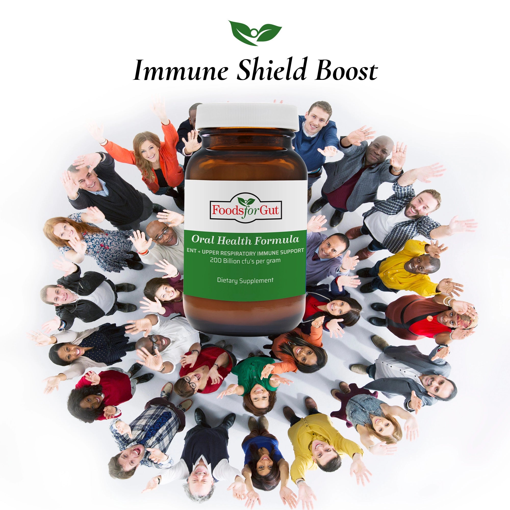 Immune Shield Boost Listed for a bottle of Oral Health Formula diverse group