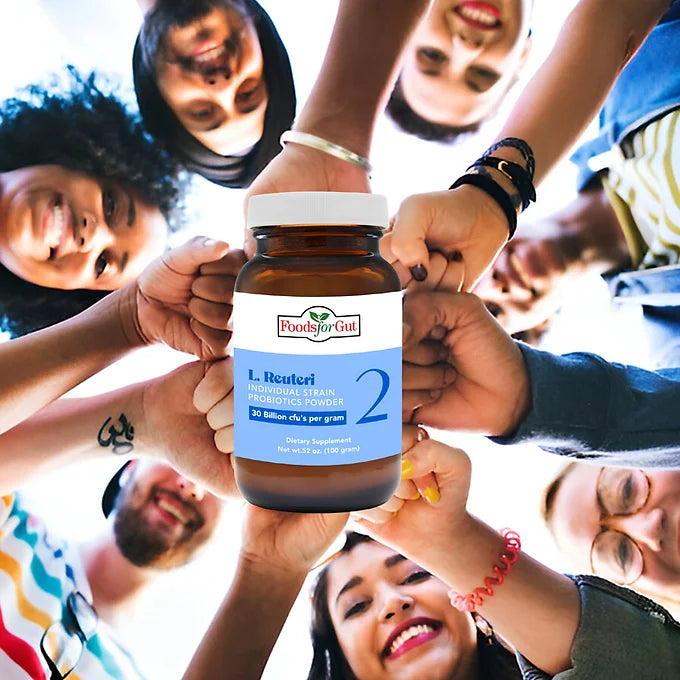 Bottle of L. Reuteri 1E1 Powder held by a group of people with a diverse background