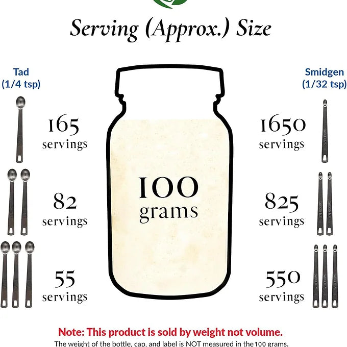Serving Size Description and Bottle net weight listed 100 grams of probiotic powder